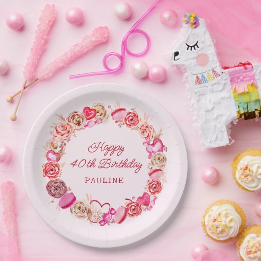 40. Geburtstag Pink Roses Wirbles Herz Pappteller (Party)