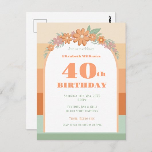 40. Geburtstag Retrofloralen Einladung Postkarte (Vorne/Hinten)