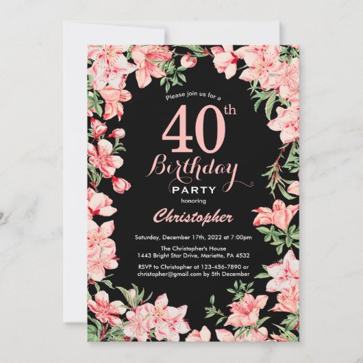 40. Geburtstag Rosa Blume Schwarzer Hintergrund Einladung (Vorderseite)