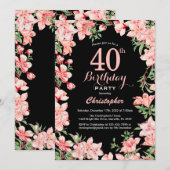 40. Geburtstag Rosa Blume Schwarzer Hintergrund Einladung (Vorne/Hinten)