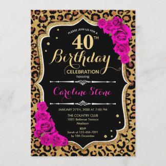 40. Geburtstag - Rosa Rosen Leopard Print Einladung
