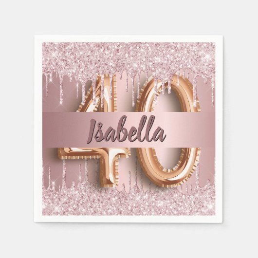 40. Geburtstag rosa staubige Rose Glitzer Monogram Serviette (Vorderseite)