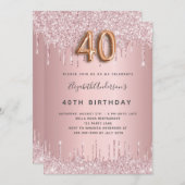 40. Geburtstag rosa staubige Rose Glitzer Tropfen Einladung (Vorne/Hinten)