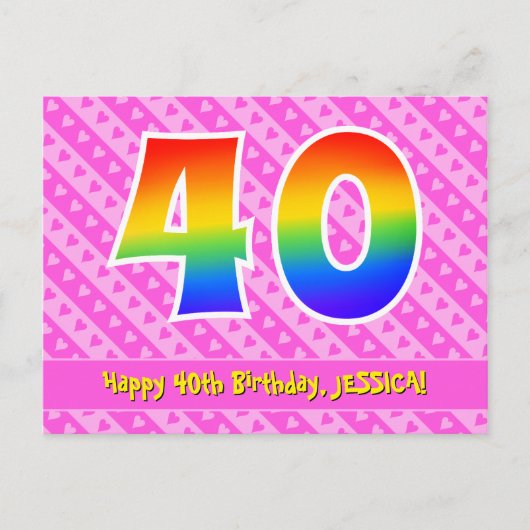 40. Geburtstag: Rosa Streifen & Herz, Regenbogen 4 Postkarte (Vorderseite)