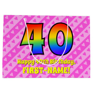 40. Geburtstag: Rosa Streifen und Herz, Regenbogen Große Geschenktüte