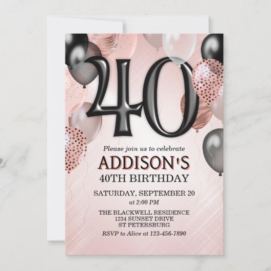 40. Geburtstag Rose Gold Ballons Einladung (Vorderseite)