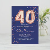 40. Geburtstag - Rose Gold Balloons Marine Einladung (Stehend Vorderseite)