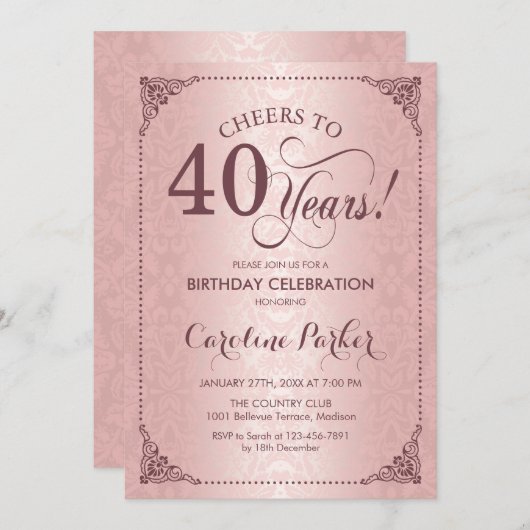 40. Geburtstag - Rose Gold Damask Einladung (Vorne/Hinten)