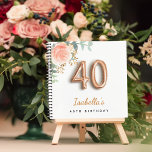 40. Geburtstag Rose Gold Eukalyptus Gästebuch Notizblock<br><div class="desc">Für ein elegantes und feminines 40. Geburtstagsfest.. Party. Ein schick weißer Hintergrund. Dekoriert mit einer Rose Gold und rot rosa Rose Blume, florale, grüne Eukalyptus Blätter, Sprigs, Grün und Imitat Goldsprigs. Personalisieren und einen Namen. Schwarze und goldene Buchstaben. Der Name ist mit einem modernen handgeschriebenen Stilskript geschrieben. Nummer 40 ist...</div>