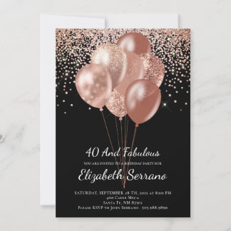 40. Geburtstag Rose Gold Glitzer auf Schwarz Einladung