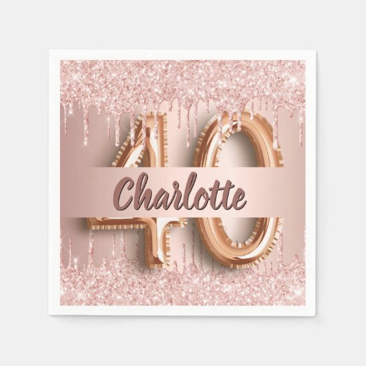 40. Geburtstag Rose Gold Glitzer Monogramm Luxus Serviette (Vorderseite)