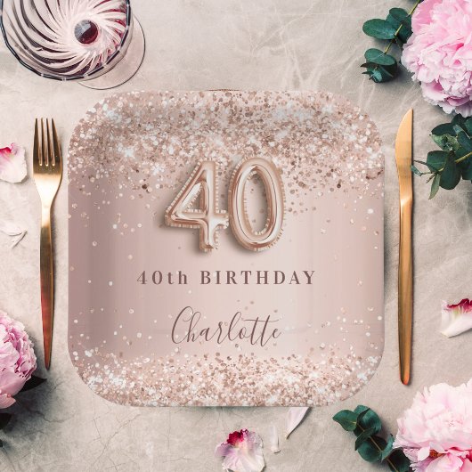 40. Geburtstag Rose Goldrot Glitzer Name Pappteller