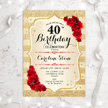 40. Geburtstag - Rose in Gold Streifen Einladung<br><div class="desc">40. Geburtstag Einladung. Elegantes Design in Gold und Rot. Features Imitate Glitzer goldene Streifen,  rote Rosen stilvolle Skript-Schriftart und Konfetti. Ideal für eine gläserne Geburtstagsfeier.</div>