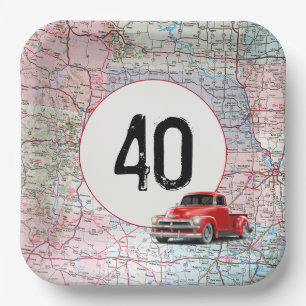 40. Geburtstag roter Retro-LKW auf Straßenkarte Pappteller