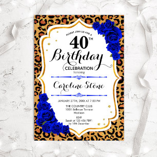 40. Geburtstag - Royal Blue Gold Leopard Print Einladung