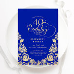 40. Geburtstag Royal Blue Gold Rose Einladung<br><div class="desc">Königlich blaugoldfarbene elegante 40. Geburtstagsfeier Party Einladung. Klassisches Design mit Rose,  Imitaten Goldfolie und Typografie Script Schriftart. Die trendige Einladungskarte eignet sich perfekt für eine stilvolle Damenfeier. Personalisieren Sie Ihre persönlichen Daten. Kann für jedes Alter angepasst werden. Gedruckte Zazzle-Einladungen oder Sofortdownload digitaler Druckvorlage.</div>