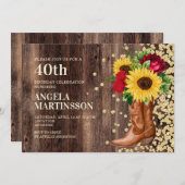 40. Geburtstag Rustikale Stiefel Sonnenblumen Rote Einladung (Vorne/Hinten)