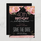 40. Geburtstag Save the Date rosa Blumenbudget (Vorne/Hinten)