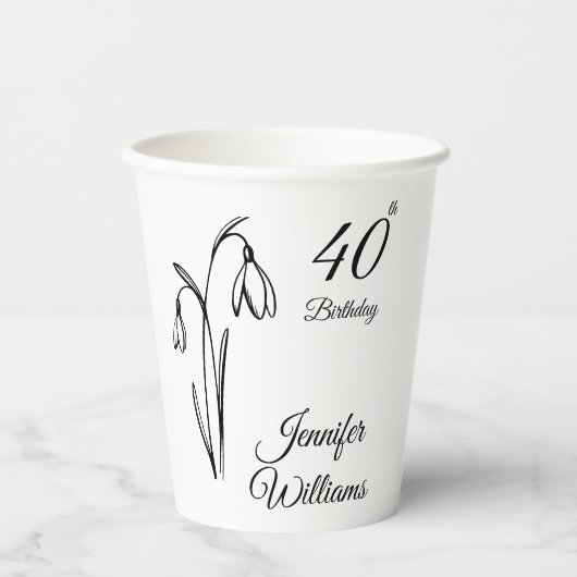 40. Geburtstag Schneeglöckchen Floral Schwarz und Pappbecher (Vorderseite)