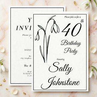 40. Geburtstag Schneeglöckchen Floral Schwarz Weiß Einladung