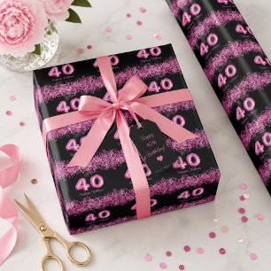 40. Geburtstag Schwarz, Rosa Ballons   Faux Glitte Geschenkpapier