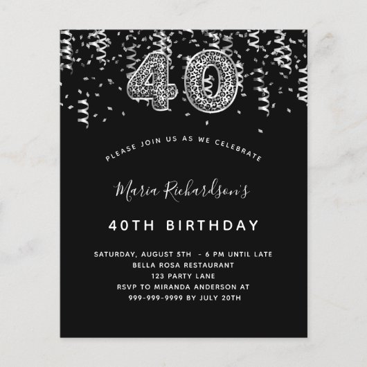 40. Geburtstag schwarz silber Leopard Einladung (Vorderseite)