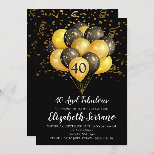 40. Geburtstag Schwarz und Gold Einladung (Vorne/Hinten)