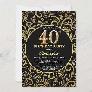 40. Geburtstag Schwarz und Gold Floral Muster Einladung
