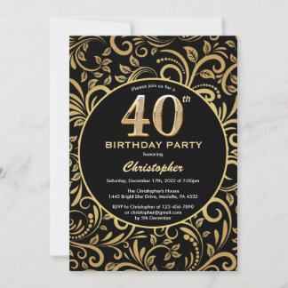 40. Geburtstag Schwarz und Gold Floral Muster Einladung
