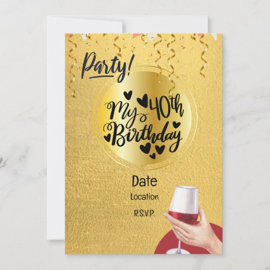 40. Geburtstag Schwarz und Gold Thema Einladung (Vorderseite)