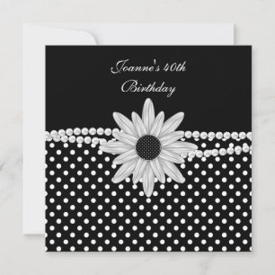 40. Geburtstag Schwarz Weiße Perlen-Blumen-Fleck Einladung