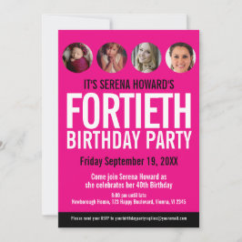 40. Geburtstag Schwarz-weiße rosa Foto-Kreise Einladung