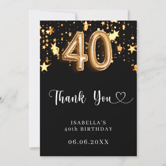 40. Geburtstag schwarze goldene Sterne Dankeskarte (Vorderseite)