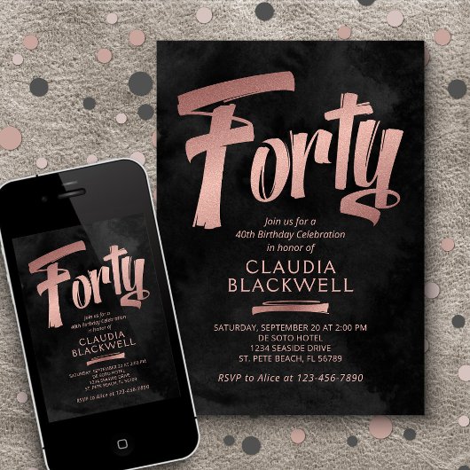 40. Geburtstag Schwarze Rose Gold Einladung