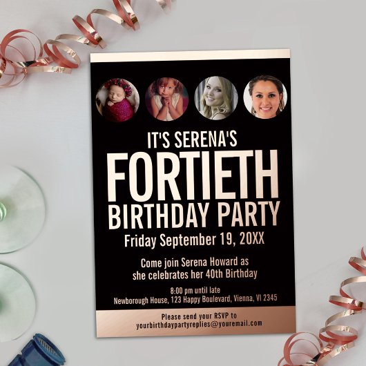 40. Geburtstag Schwarze Rose Gold Foto Kreise Folieneinladung