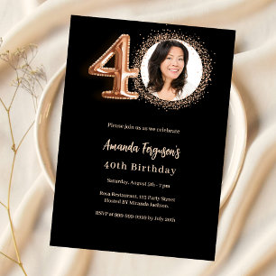 40. Geburtstag schwarze Rose Gold Foto Luxus Einladung