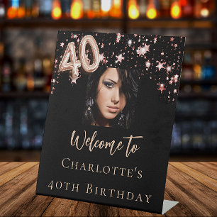 40. Geburtstag Schwarze Rose Gold Foto Stern willk Sockelschild