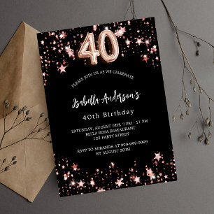 40. Geburtstag schwarze Rose goldene Sterne Einladungspostkarte