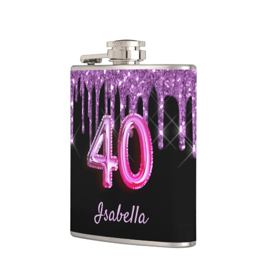 40. Geburtstag schwarzer lila Glitzer Flachmann (Links)