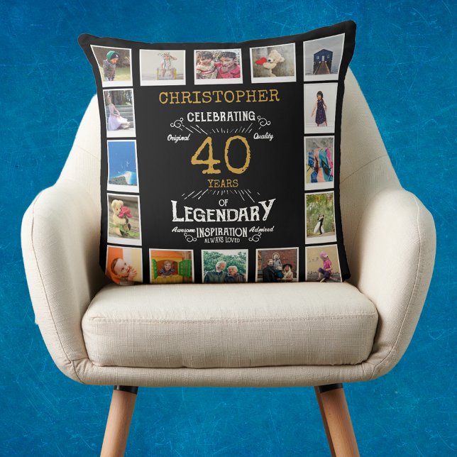 40. Geburtstag Schwarzes Gold FotoCollage Kissen (Personalized 40th birthday gift throw pillow with 16 photos of your choice.)