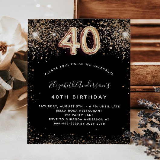 40. Geburtstag Schwarzes Gold Glitzer Einladung Flyer