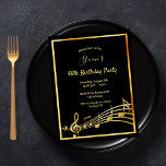 40. Geburtstag Schwarzes Gold Musiknoten Einladung Postkarte<br><div class="desc">Eine trendige, moderne Party Einladung zum 40. Geburtstag für Damen und Herren. Klassischer schwarzer Hintergrund mit goldfarbenem Rahmen und Musiknoten aus Imitat, goldfarbenen Buchstaben. Vorlagen für Ihre Party-Informationen. Zurück: weißer Hintergrund. Tipp: Wenn Sie es nicht so gewollt haben, dass es wie eine Postkarte aussieht, klicken Sie auf Anpassen, gehen Sie...</div>