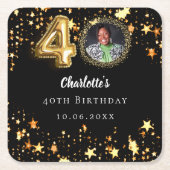 40. Geburtstag Schwarzes Gold Sterne Foto Rechteckiger Pappuntersetzer (Vorderseite)