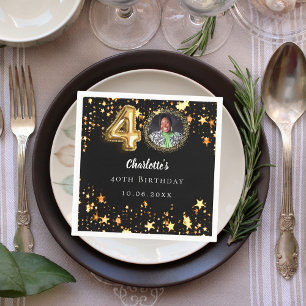 40. Geburtstag Schwarzes Gold Sterne Foto Serviette