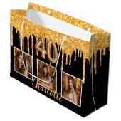 40. Geburtstag Schwarzes Gold Tropfen Foto Große Geschenktüte (Vorderseite Schrägansicht)