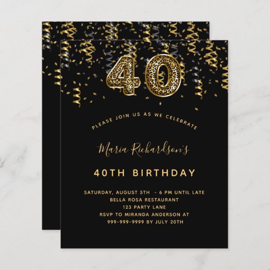 40. Geburtstag schwarzes Goldleopard-Party (Vorne/Hinten)