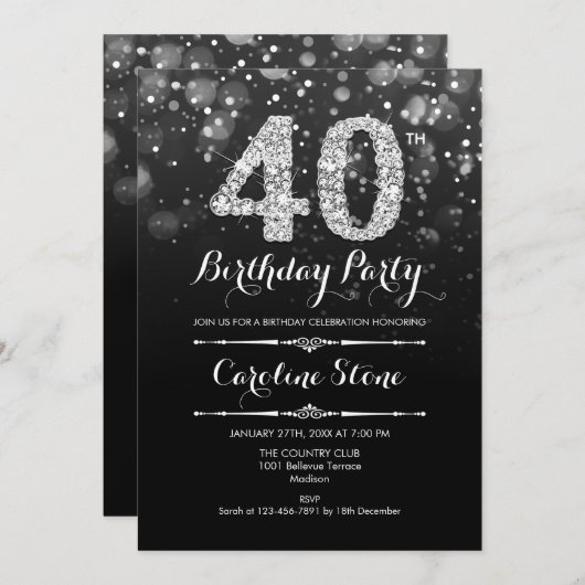 40. Geburtstag - Schwarzes Silber Einladung (Vorne/Hinten)