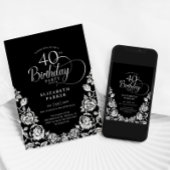 40. Geburtstag Schwarzes Silber Rose Einladung