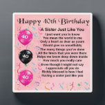 40. Geburtstag Schwester Poem Plaque Fotoplatte<br><div class="desc">Ein personalisiertes Geschenk für eine Schwester an ihrem 40. Geburtstag.

Dieses Produkt kann personalisiert oder einfach so erworben werden,  wie es ist</div>