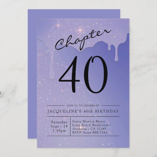 40. Geburtstag Script-Glitzer Einladung (Vorne/Hinten)